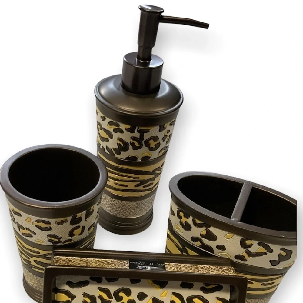 Animal Print Exotic Bathroom Accessory 4 Piece Set Brown Tan Multicolor Gazelle